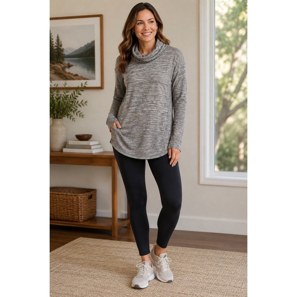 L.L.Bean XL Tall Gray Space Dye Cowl Neck Pullover Sweatshirt Stretch Top